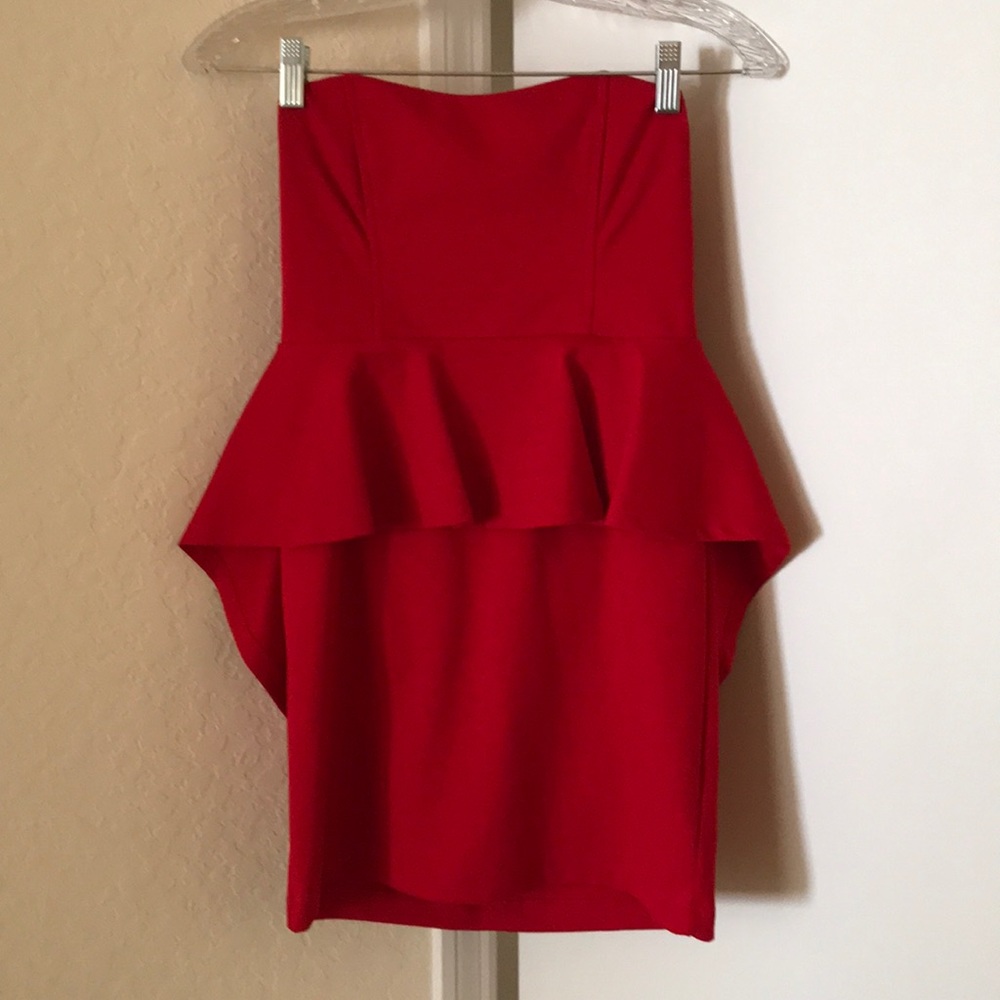Red strapless cocktail dress